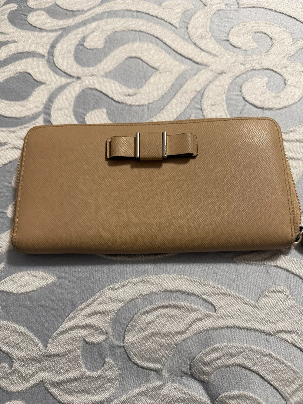 Coach Beige Taupe Leather Wallet with Bow Accent full zip